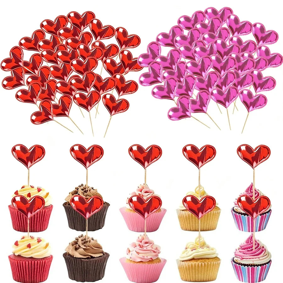 50/100Pcs Red Heart Cupcake Toppers Valentine's Day Cupcake Picks DIY Dessert Fruits Food Picks for  Wedding Birthday Cake Decor