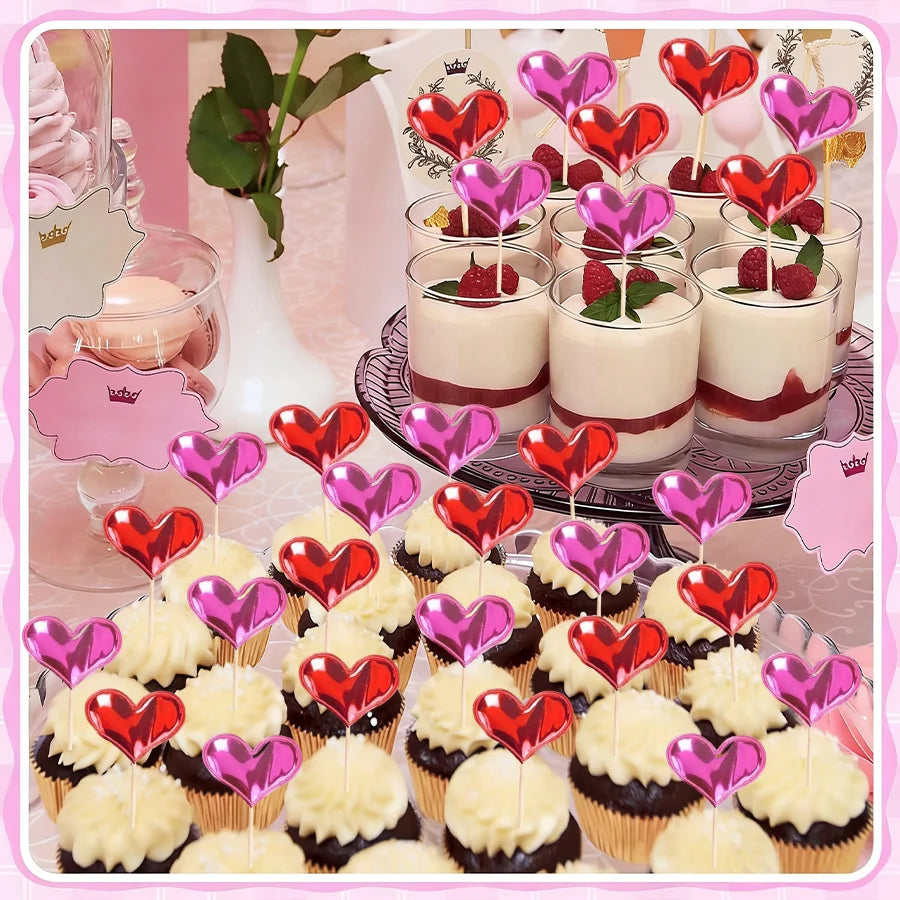 50/100Pcs Red Heart Cupcake Toppers Valentine's Day Cupcake Picks DIY Dessert Fruits Food Picks for  Wedding Birthday Cake Decor