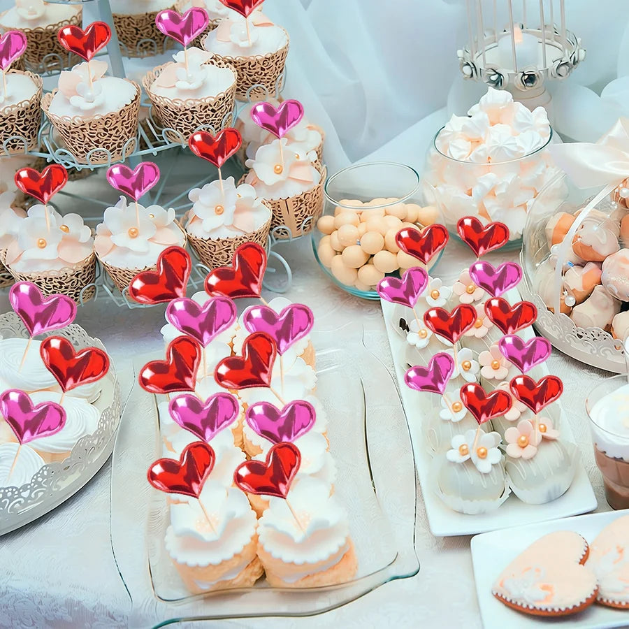 50/100Pcs Red Heart Cupcake Toppers Valentine's Day Cupcake Picks DIY Dessert Fruits Food Picks for  Wedding Birthday Cake Decor