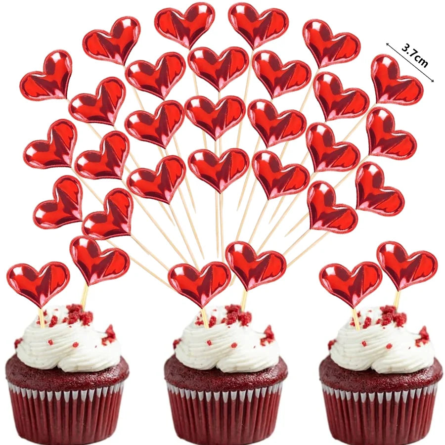 50/100Pcs Red Heart Cupcake Toppers Valentine's Day Cupcake Picks DIY Dessert Fruits Food Picks for  Wedding Birthday Cake Decor