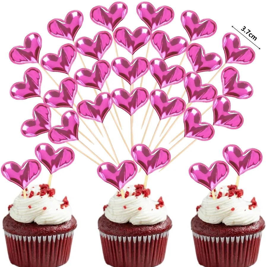 50/100Pcs Red Heart Cupcake Toppers Valentine's Day Cupcake Picks DIY Dessert Fruits Food Picks for  Wedding Birthday Cake Decor