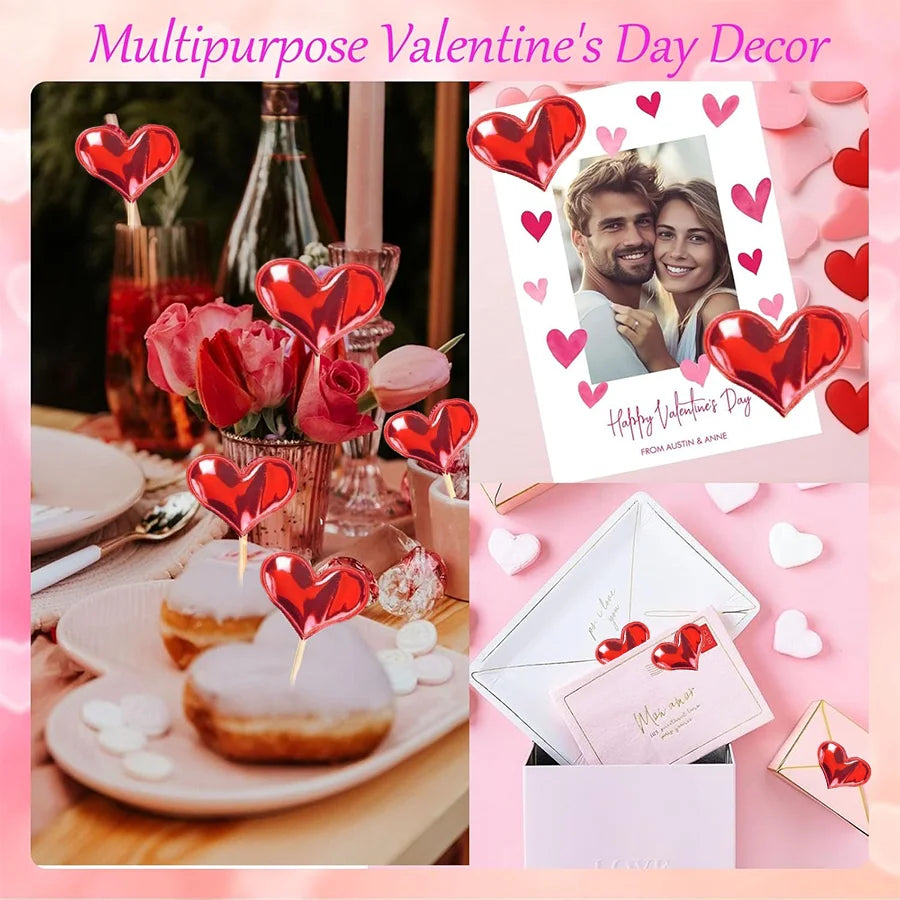 50/100Pcs Red Heart Cupcake Toppers Valentine's Day Cupcake Picks DIY Dessert Fruits Food Picks for  Wedding Birthday Cake Decor